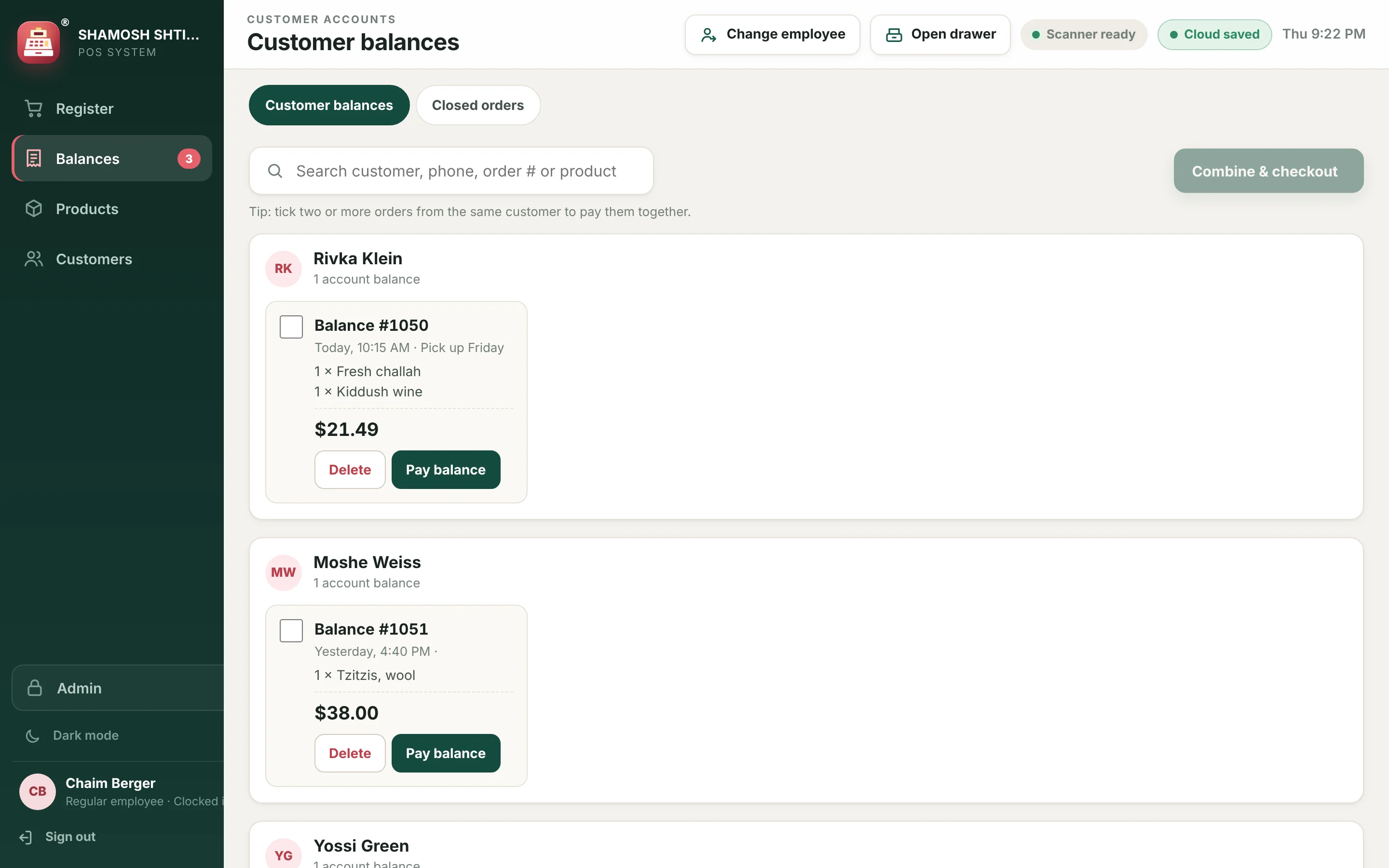 The customer balances screen listing open orders for each customer with Pay balance buttons