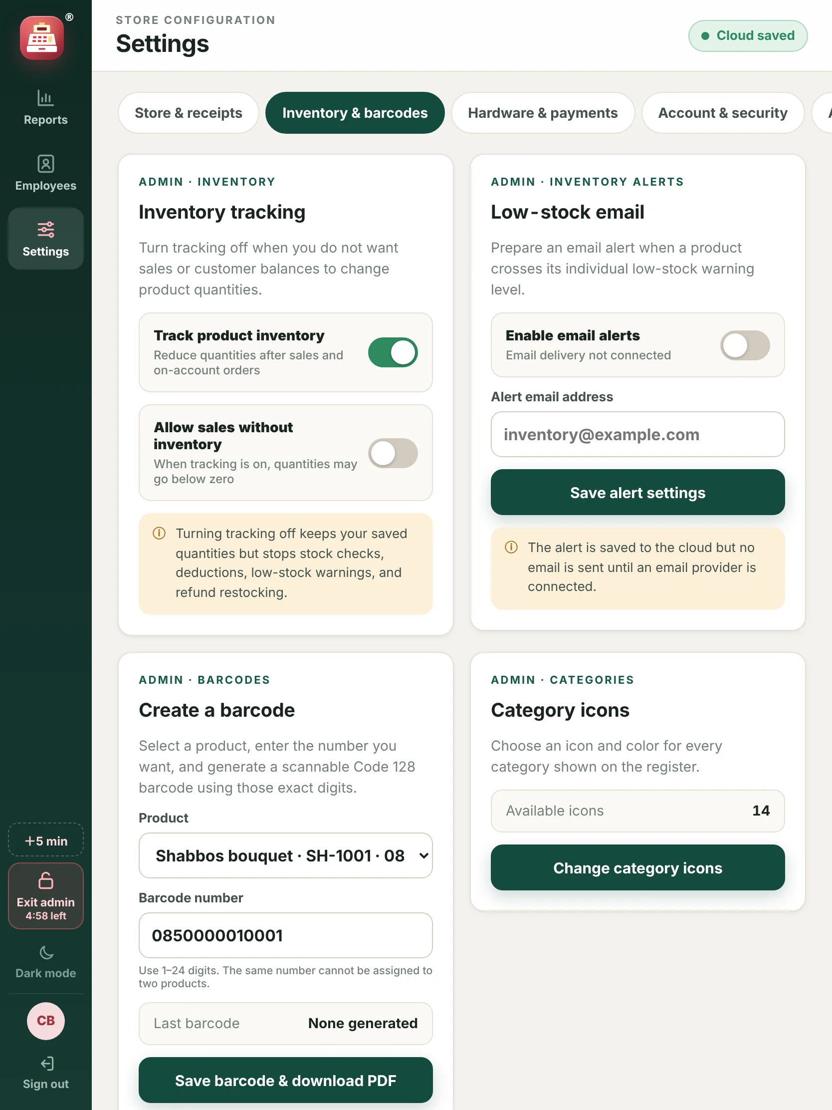 Inventory and barcode settings: inventory tracking, low-stock email and Create a barcode