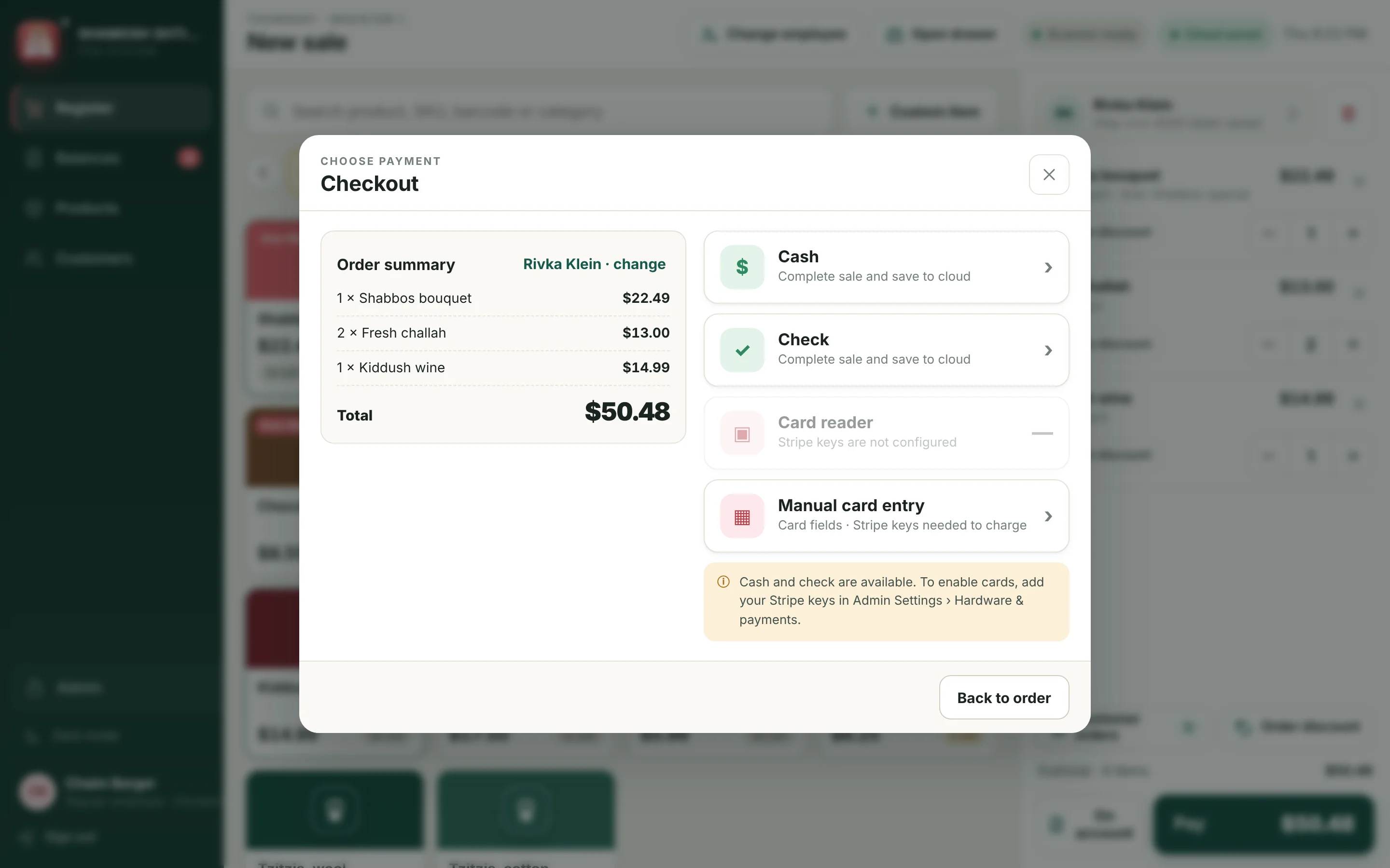 The checkout screen: order summary with cash, check, card reader and manual card entry