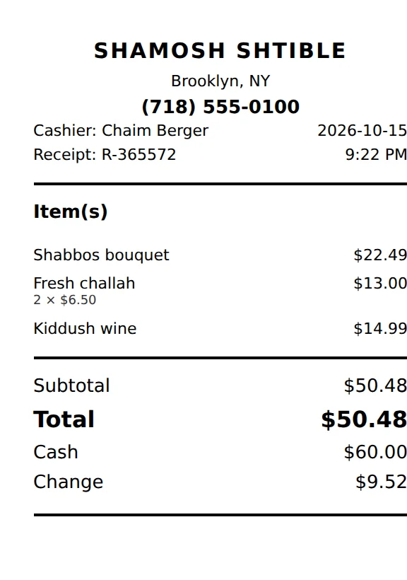 A printed three-inch receipt from the POS