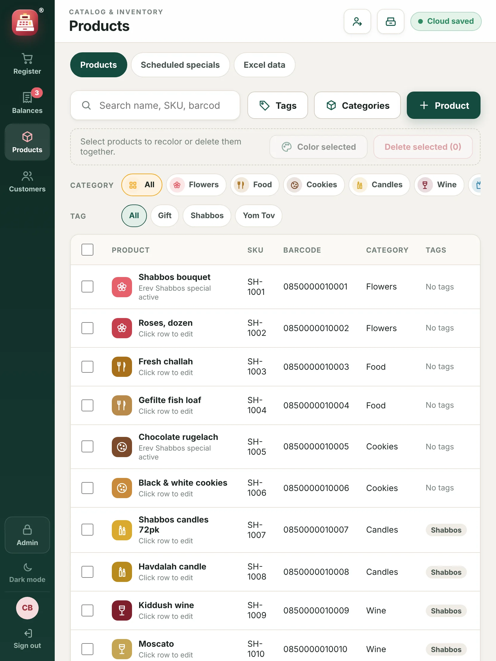 The product catalog on an iPad with categories, tags, SKU, barcode, price and inventory