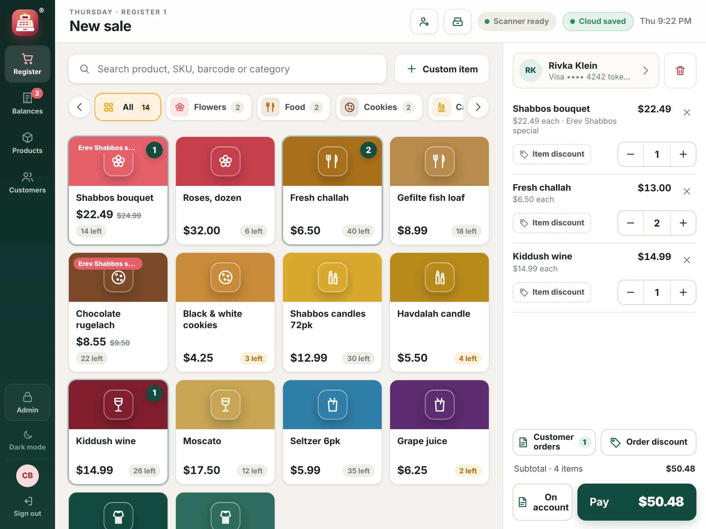 The real POS register on an iPad: product tiles by category, and a ticket for Rivka Klein with the Pay button