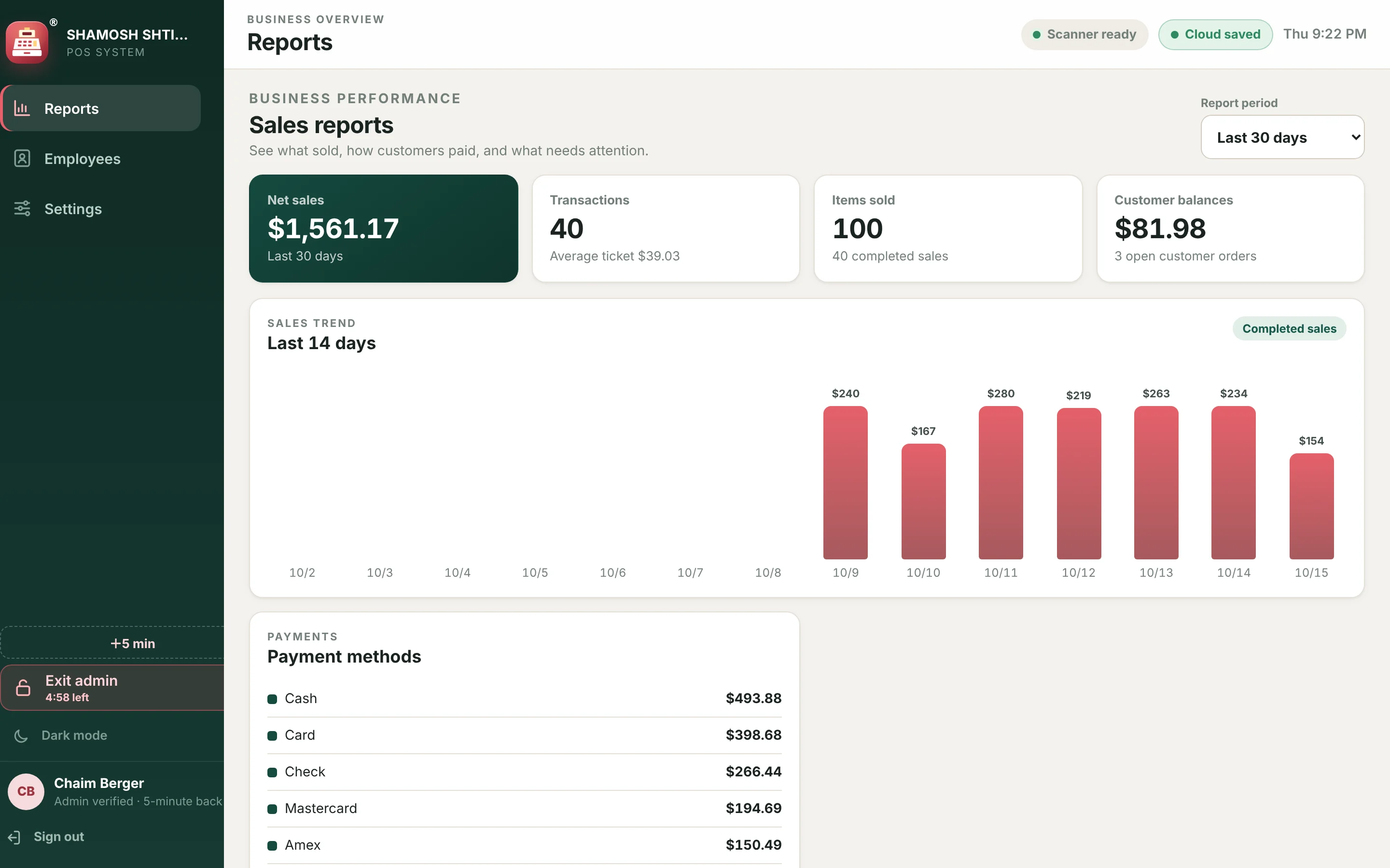 The reports screen with net sales, transactions, a sales trend chart and payment methods