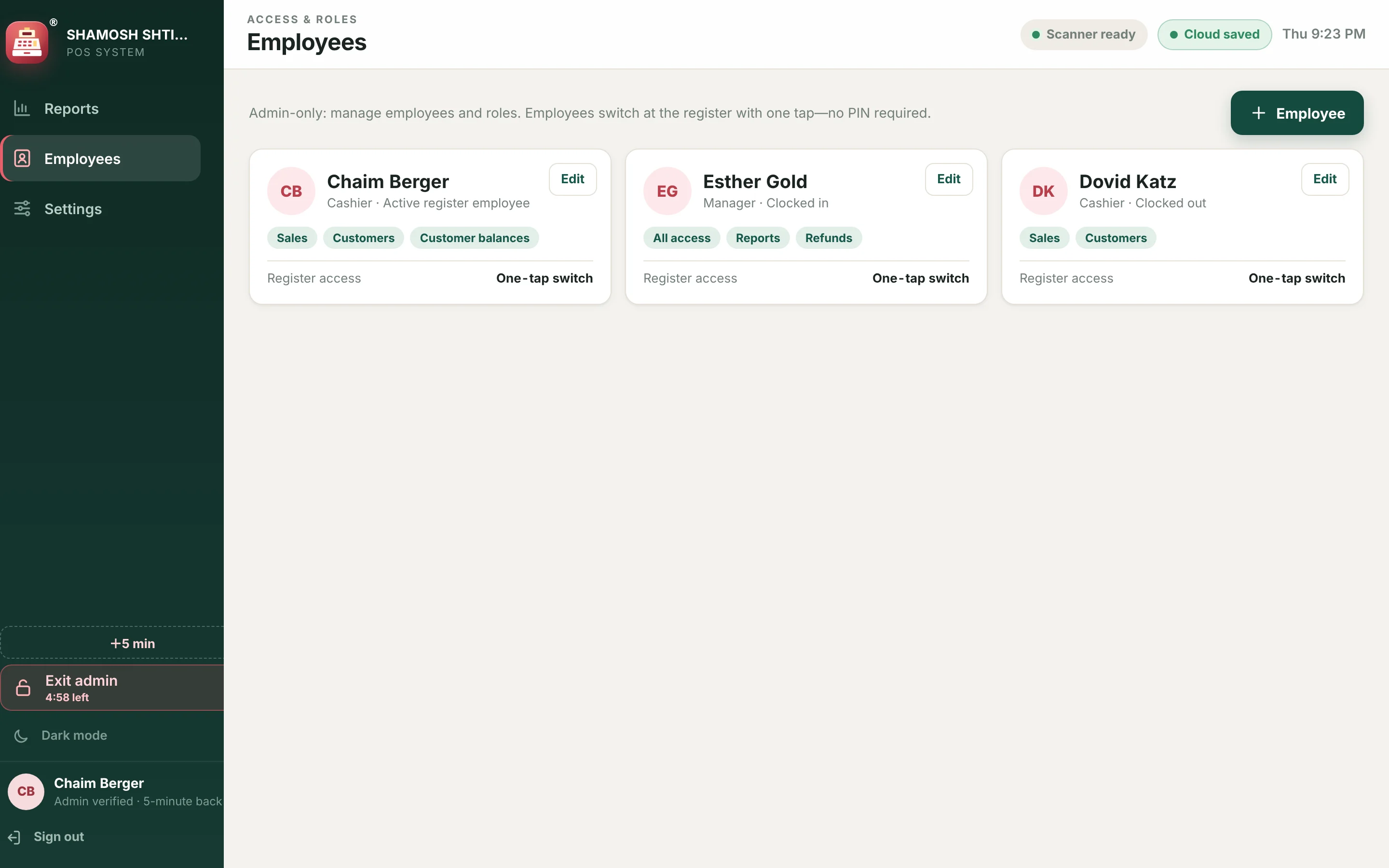 The employees screen showing each employee, their role and permissions